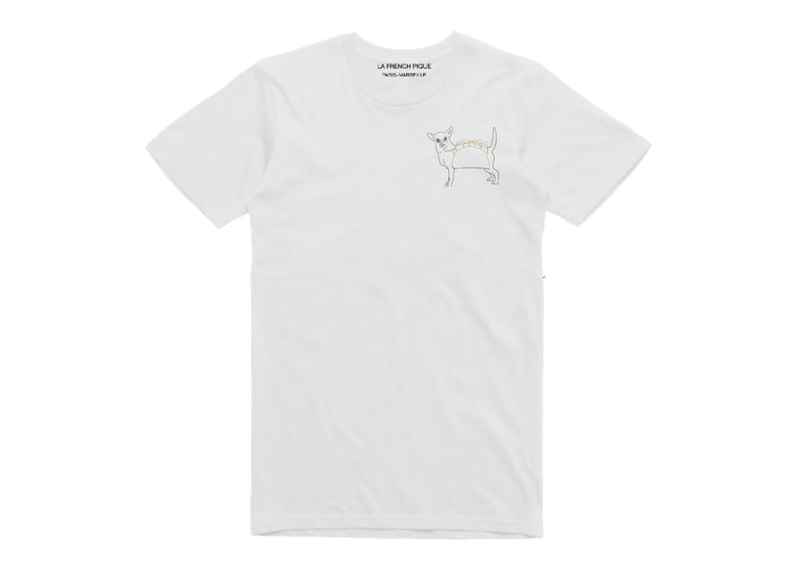 t shirt blanc unisex chien tacos brode main atelier paris fabrique en france
