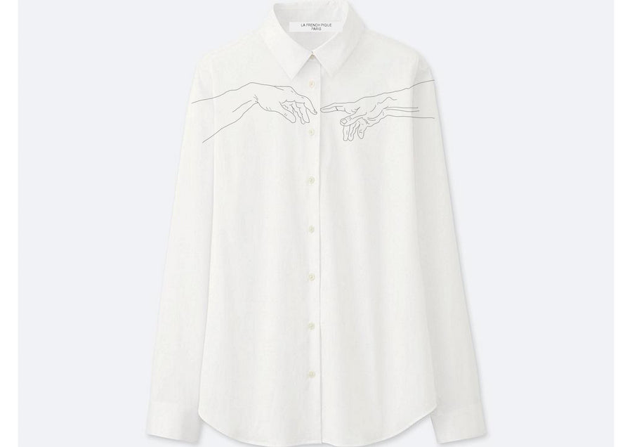 chemise blanche femme coton brode main la creation d'adam main de michel ange personnalisation fabrique en france