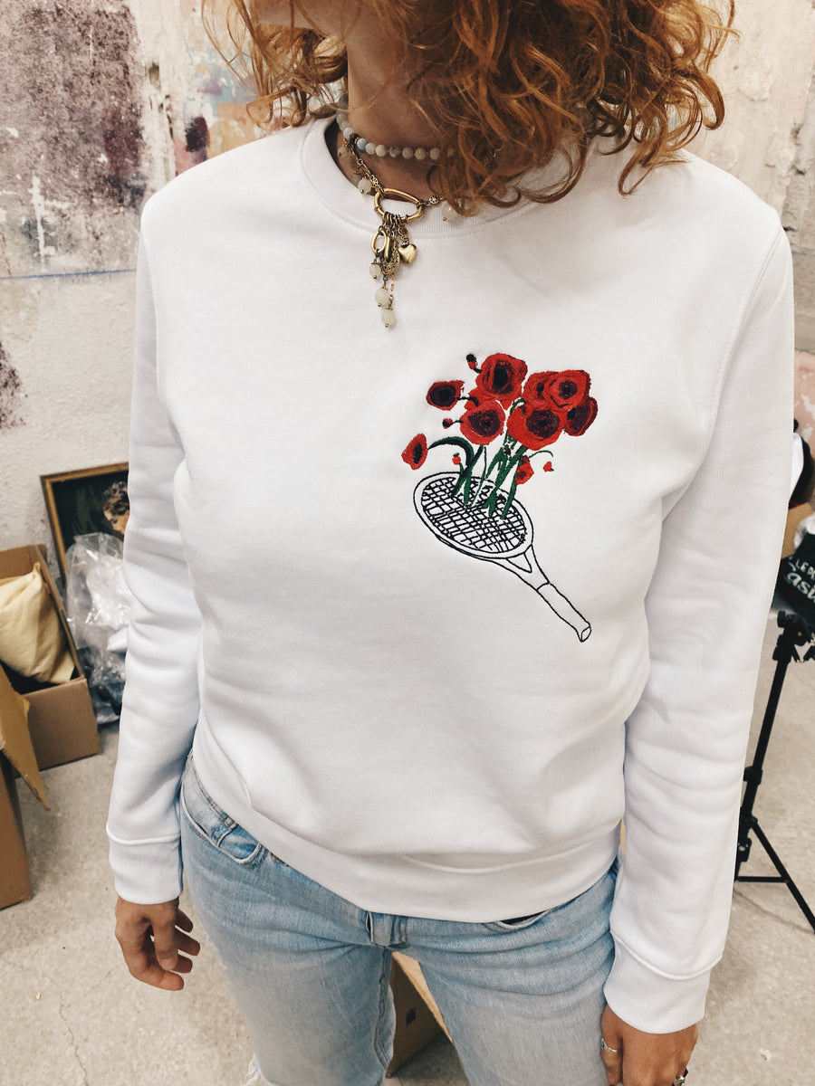 roland garros version coquelicot raquette de tennis 2021 broderie unisexe pull blanc made in marseille fabrique en france lafrenchpique