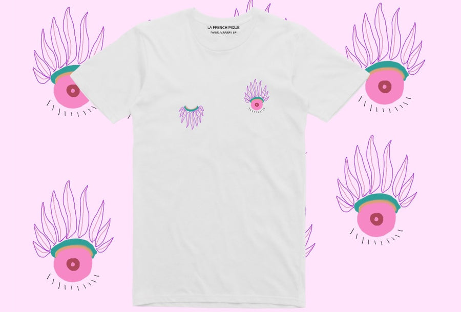 t-shirt cancer du sein soutien solidarité octobre rose broderie main fabrique en france vegan unisexe blanc
