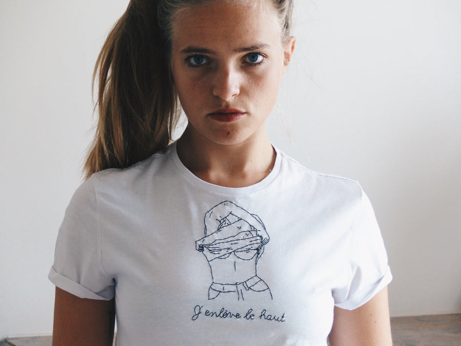 j'enleve le haut cancer du sein ruban rose octobre t shirt femme blanc brode main fabrication française