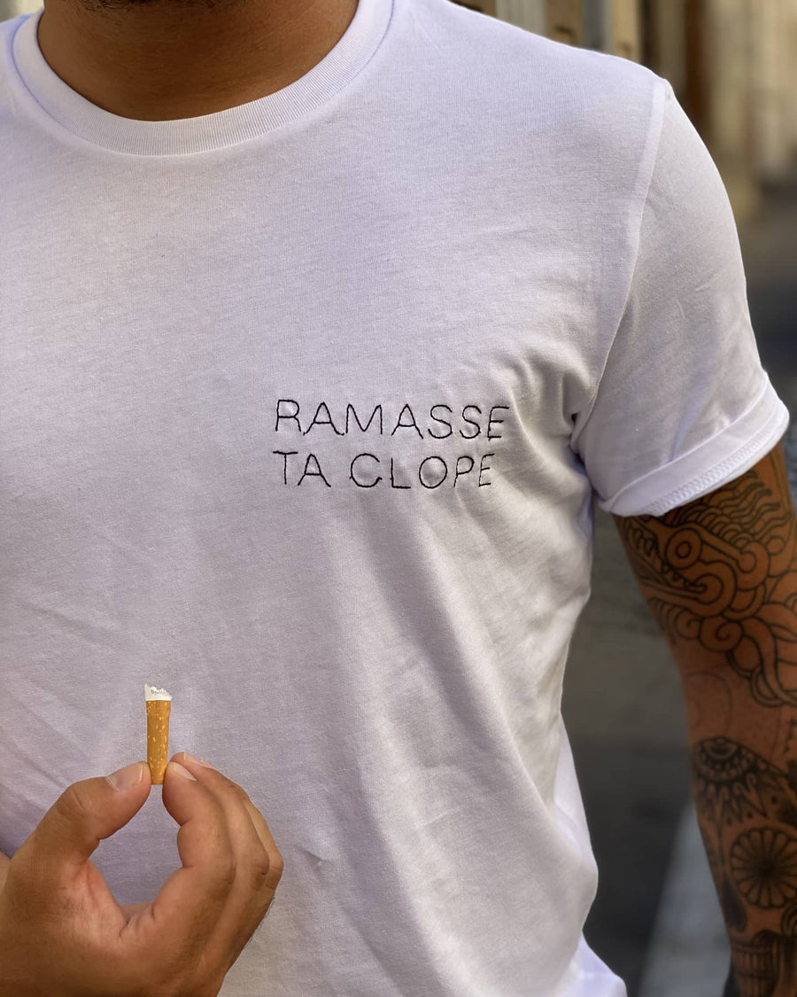 ramasse ta clope lafrenchpique clean ta calanque broderie main fabrique en france tshirt blanc unisexe clean my calanques marseille made in marseille