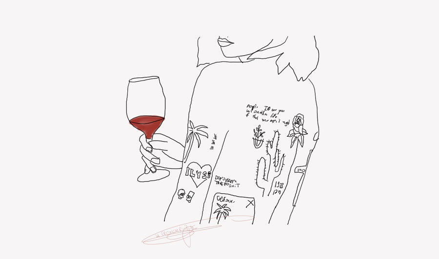 le verre de vin femme brodee dessin minimaliste dos tatouage t-shirt blanc unisexe broder main fabrique en france