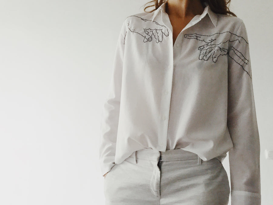 MICHEL ANGE main broderie creation d'adam atelier parisien chemise blanche fabrique en france